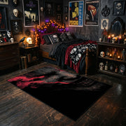 Shadow Face Area Rug styled with red shelves and spooky ornaments