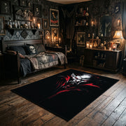 White Face and Red Branches Area Rug wide room view with Halloween decorations