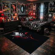 White Face and Red Branches Area Rug shown beside a dark bed in a Halloween themed bedroom