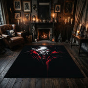White Face and Red Branches Area Rug displayed beside red accented shelving