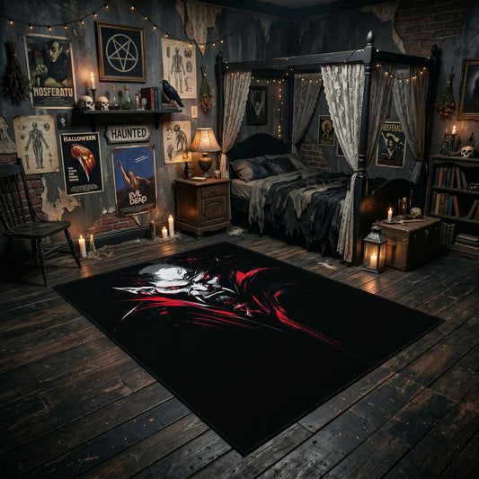 White Face and Red Branches Area Rug displayed in a richly decorated room