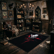 White Face and Red Branches Area Rug angled view beside gothic bedroom furniture