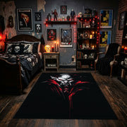 White Face and Red Branches Area Rug displayed beneath gothic wall art