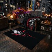 White Face and Red Branches Area Rug styled with red shelves and spooky ornaments