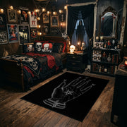 Mystical Hand Line Art Area Rug styled in a gothic bedroom with dark furniture