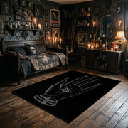 Mystical Hand Line Art Area Rug wide room view with Halloween decorations