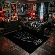 Mystical Hand Line Art Area Rug shown beside a dark bed in a Halloween themed bedroom