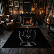 Mystical Hand Line Art Area Rug displayed beside red accented shelving