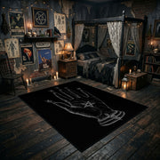 Mystical Hand Line Art Area Rug displayed in a richly decorated room