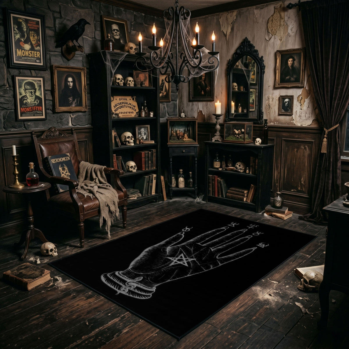 Mystical Hand Line Art Area Rug angled view beside gothic bedroom furniture