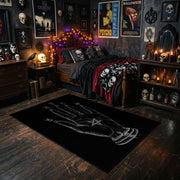 Mystical Hand Line Art Area Rug styled with red shelves and spooky ornaments