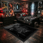 Intricate Monochrome Dark Figure Area Rug shown beside a dark bed in a Halloween themed bedroom