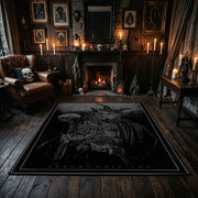 Intricate Monochrome Dark Figure Area Rug displayed beside red accented shelving