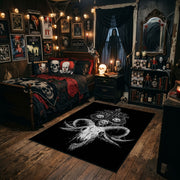 Horned Skull Illustration Area Rug styled in a gothic bedroom with dark furniture