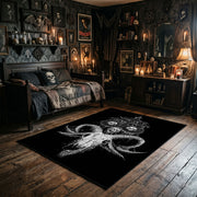 Horned Skull Illustration Area Rug wide room view with Halloween decorations
