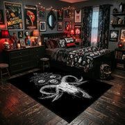 Horned Skull Illustration Area Rug shown beside a dark bed in a Halloween themed bedroom