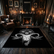 Horned Skull Illustration Area Rug displayed beside red accented shelving