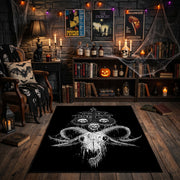 Horned Skull Illustration Area Rug front view in a warm candlelit room