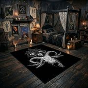 Horned Skull Illustration Area Rug displayed in a richly decorated room