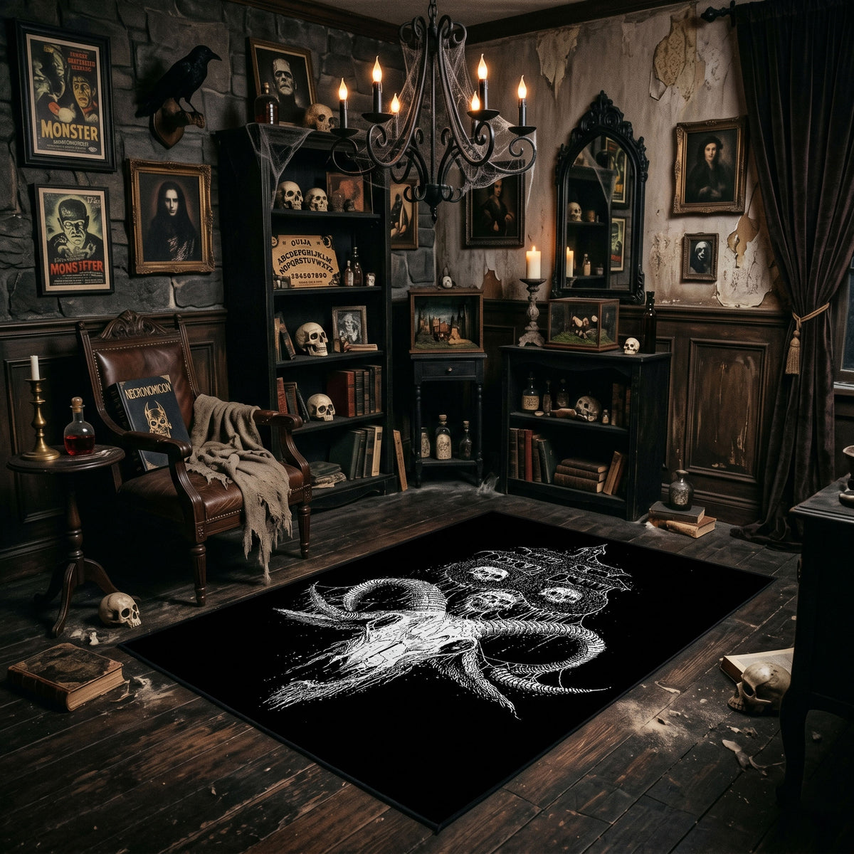 Horned Skull Illustration Area Rug angled view beside gothic bedroom furniture