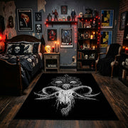 Horned Skull Illustration Area Rug displayed beneath gothic wall art