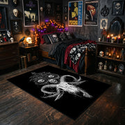 Horned Skull Illustration Area Rug styled with red shelves and spooky ornaments
