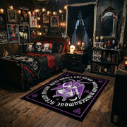 Purple Mystical Emblem Area Rug styled in a gothic bedroom with dark furniture