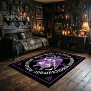 Purple Mystical Emblem Area Rug wide room view with Halloween decorations