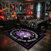 Purple Mystical Emblem Area Rug shown beside a dark bed in a Halloween themed bedroom