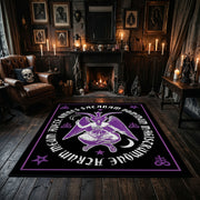 Purple Mystical Emblem Area Rug displayed beside red accented shelving