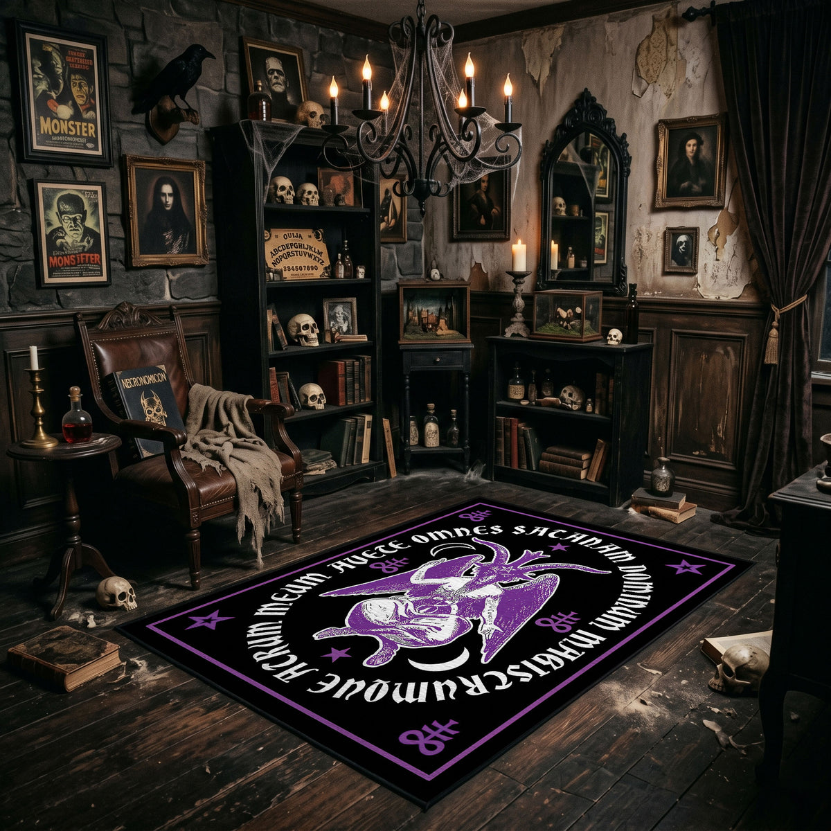 Purple Mystical Emblem Area Rug angled view beside gothic bedroom furniture