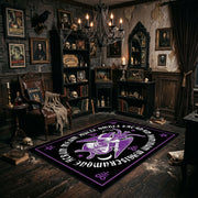 Purple Mystical Emblem Area Rug angled view beside gothic bedroom furniture