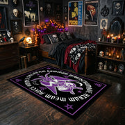 Purple Mystical Emblem Area Rug styled with red shelves and spooky ornaments