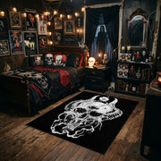 Flowing Horned Skull Area Rug styled in a gothic bedroom with dark furniture