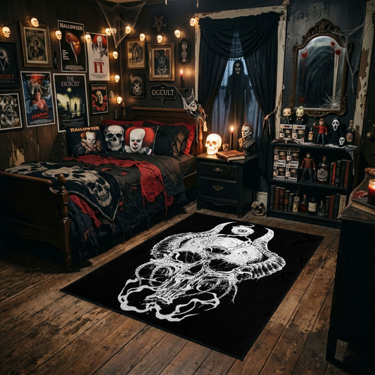 Flowing Horned Skull Area Rug styled in a gothic bedroom with dark furniture