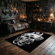 Flowing Horned Skull Area Rug wide room view with Halloween decorations