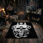 Flowing Horned Skull Area Rug styled in a candlelit gothic living room