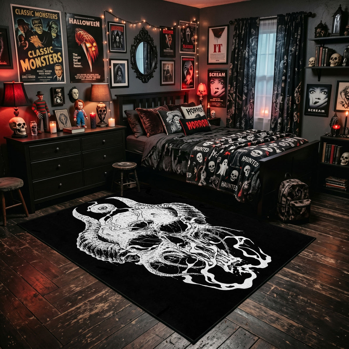 Flowing Horned Skull Area Rug shown beside a dark bed in a Halloween themed bedroom