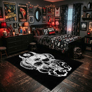 Flowing Horned Skull Area Rug shown beside a dark bed in a Halloween themed bedroom