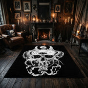 Flowing Horned Skull Area Rug displayed beside red accented shelving