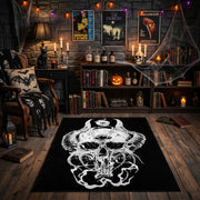 Flowing Horned Skull Area Rug front view in a warm candlelit room