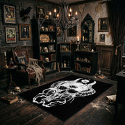 Flowing Horned Skull Area Rug angled view beside gothic bedroom furniture