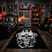 Flowing Horned Skull Area Rug displayed beneath gothic wall art
