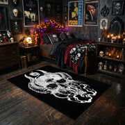 Flowing Horned Skull Area Rug styled with red shelves and spooky ornaments