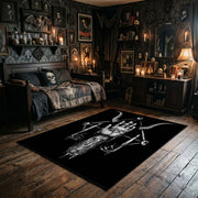 Skeletal Hand Emblem Area Rug wide room view with Halloween decorations