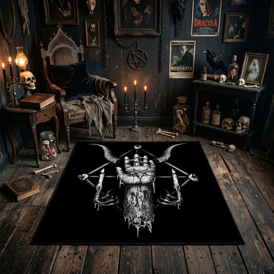 Skeletal Hand Emblem Area Rug styled in a candlelit gothic living room
