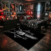 Skeletal Hand Emblem Area Rug shown beside a dark bed in a Halloween themed bedroom