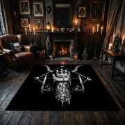 Skeletal Hand Emblem Area Rug displayed beside red accented shelving