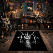 Skeletal Hand Emblem Area Rug front view in a warm candlelit room