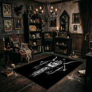 Skeletal Hand Emblem Area Rug angled view beside gothic bedroom furniture